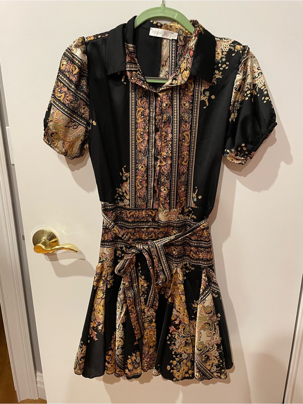 Black Paisley-Print Tie-Waist Mini Dress